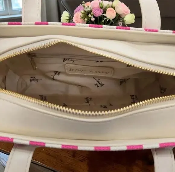 Betsey Johnson Pink and White Striped Canvas Satchel with Flower Charm - Picture 6 of 6